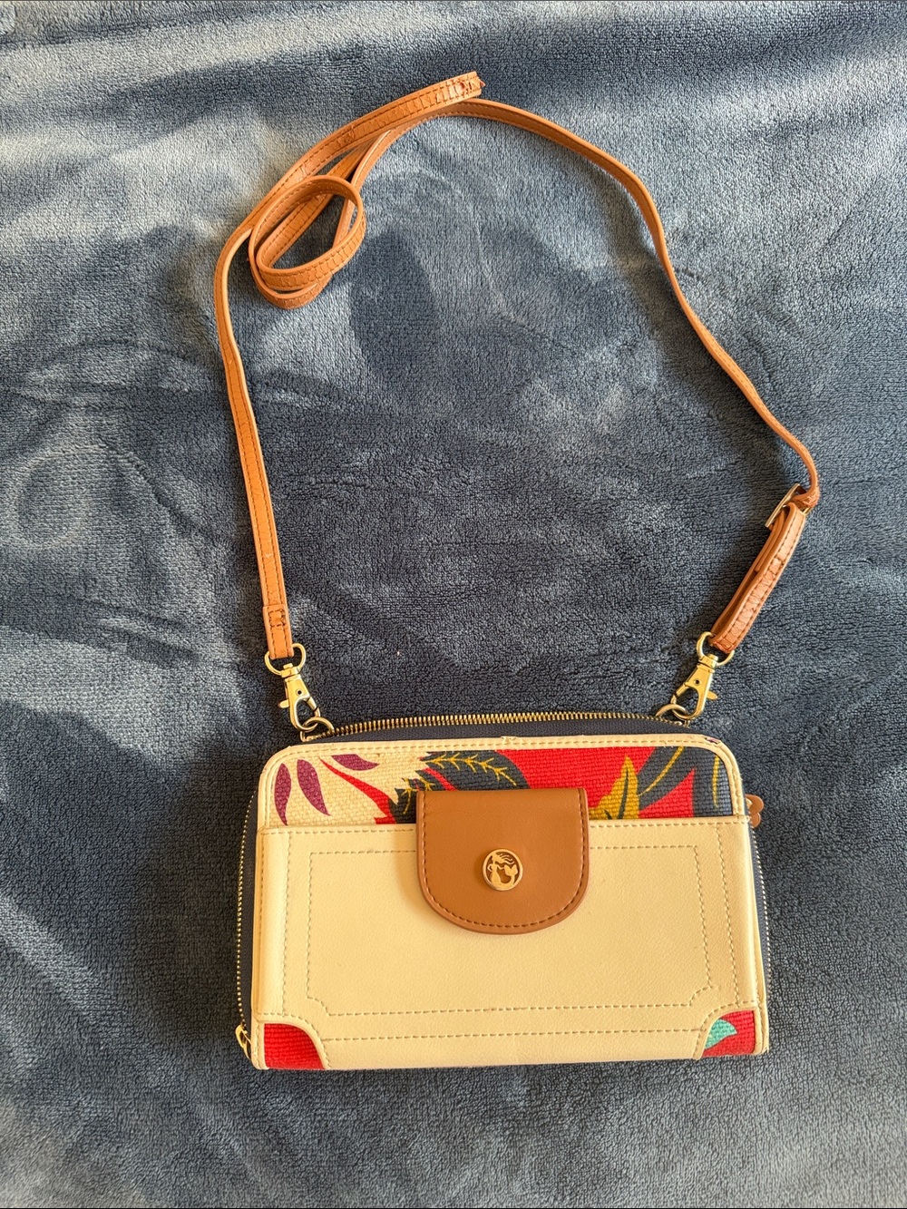 Spartina 449 Beige and Tan Crossbody Wallet with Colorful Floral Accent